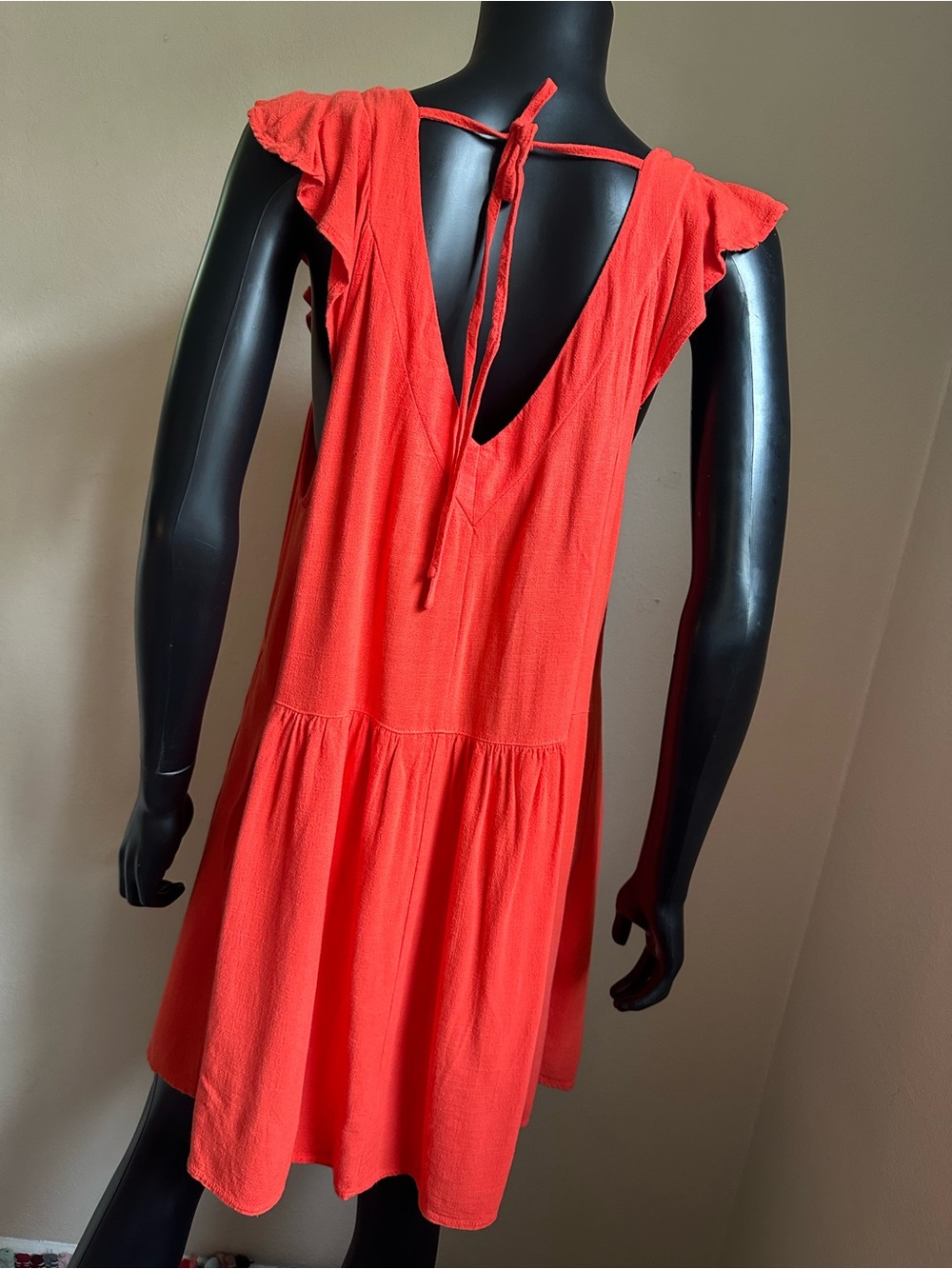 Promesa Coral Orange Flutter Ruffle Sleeve V-Neck Mini Dress with Tie Back - Picture 8 of 11